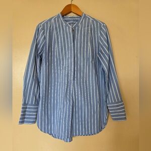 MM LaFleur Nichols Shirt Blue White Stripe Tunic Blouse Sz M Modern Professional